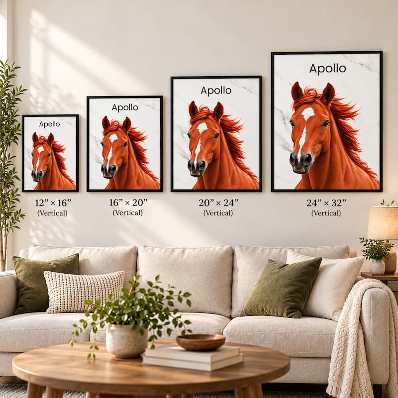 Four framed wall art prints showing cropped portraits of a brown horse labeled Apollo, displayed above a beige sofa in a styled living room. Text below each print shows dimensions: 12" x 16", 16" x 20", 20" x 24", and 24" x 32".