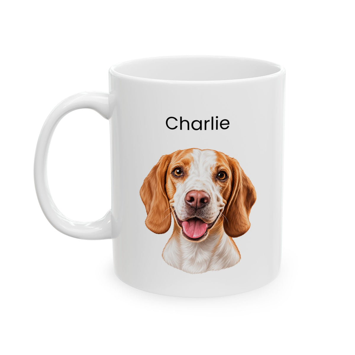 A white ceramic mug featuring a printed portrait of a brown and white beagle dog with the name 'Charlie' printed above it, shown on a clean white background.