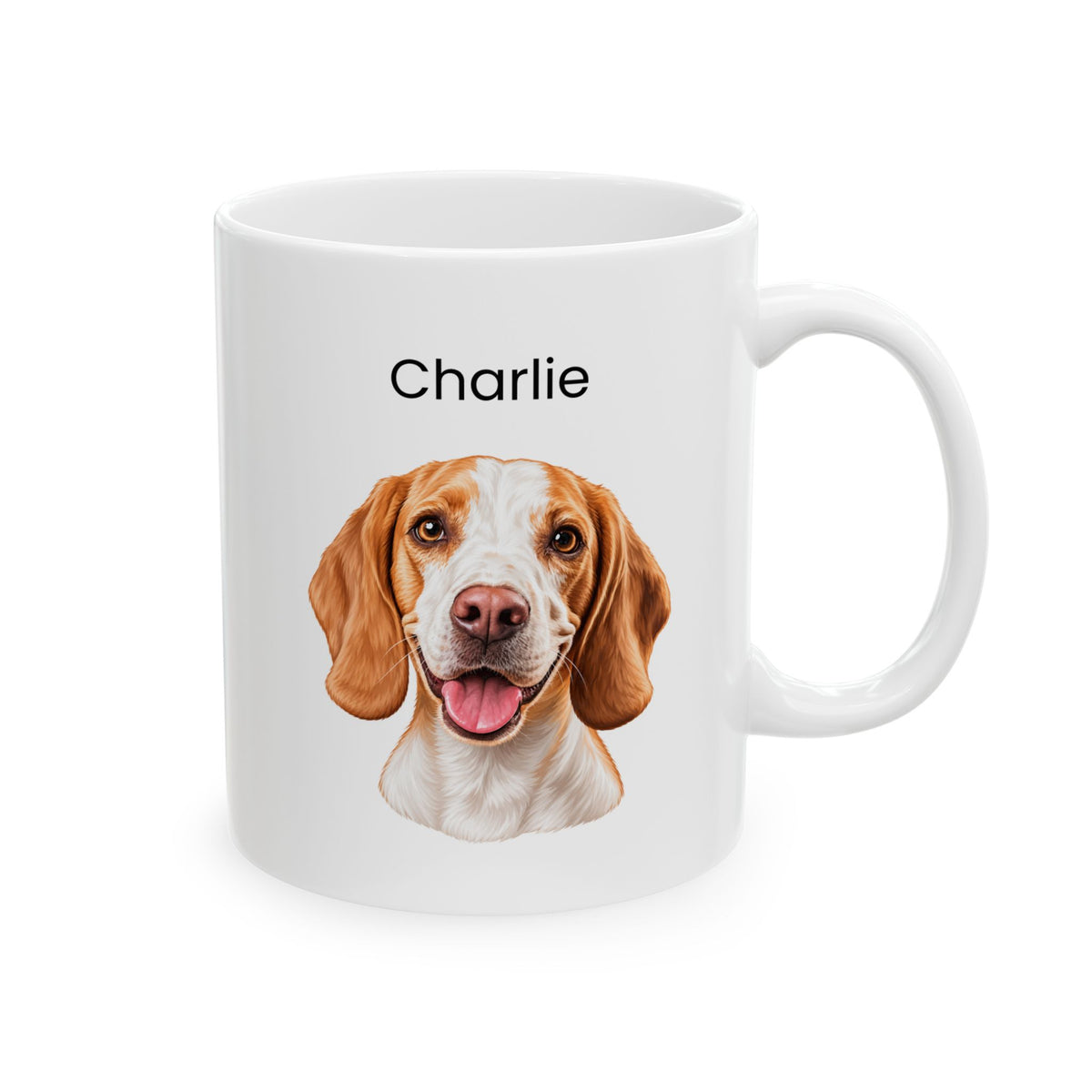 A white ceramic mug with a printed portrait of a brown and white beagle dog and the name 'Charlie' above it, shown on a clean white background.