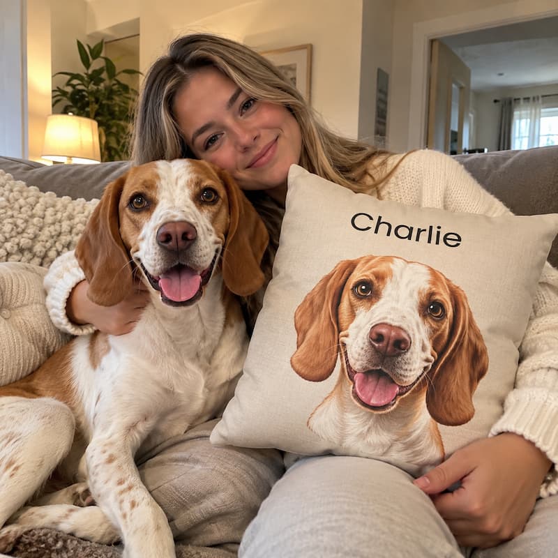 A woman sitting on a couch with a brown and white beagle dog, holding a personalized cream throw pillow featuring a printed portrait of the dog and the name 'Charlie' in black text.