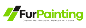 A logo on a white background with the text 'FurPainting' in black and bright green, plus the tagline 'Custom Pet Portraits, Painted with Love' underneath.