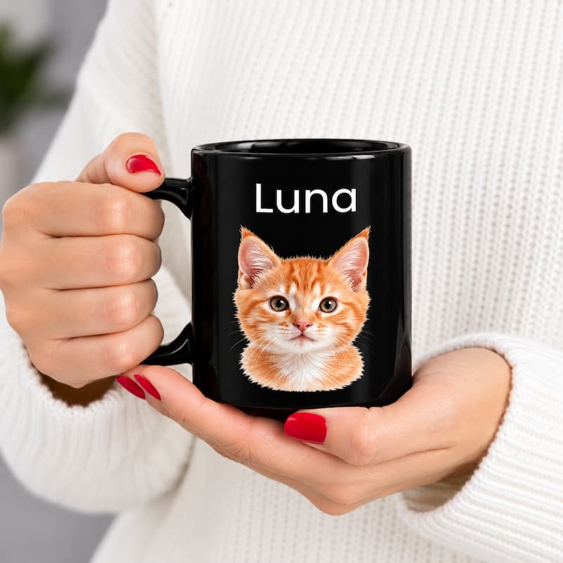 A person in a white knit sweater holds a black ceramic mug with the name 'Luna' and a printed orange kitten face on the front.
