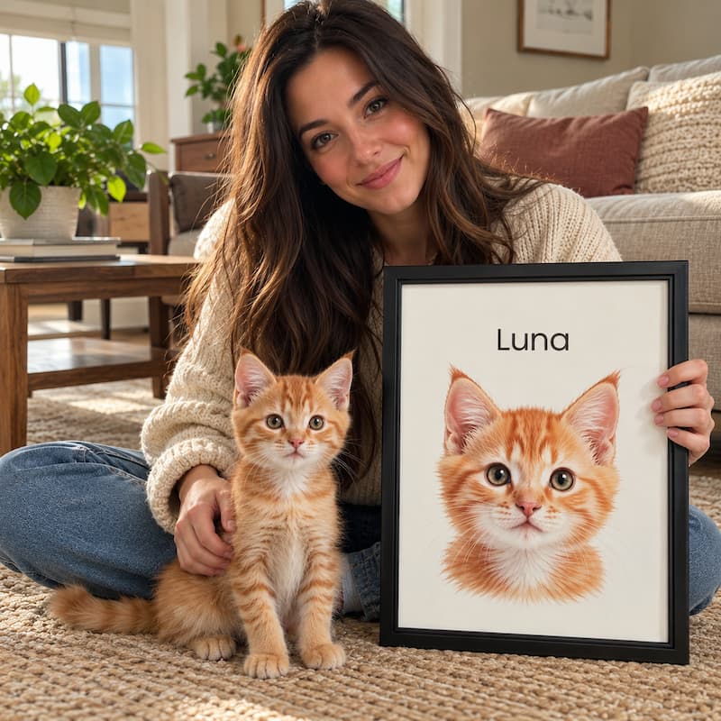 A lady with her cat and framed portrait of the cat.