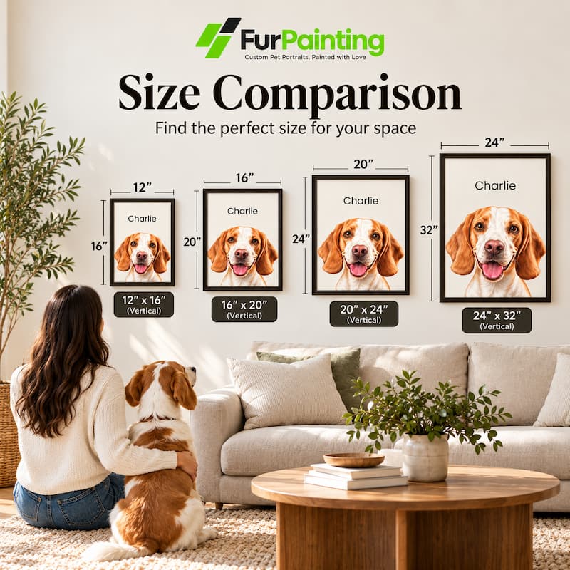 A size comparison chart for framed pet portraits showing four portrait sizes from 12x16 to 24x32 inches, with labeled dimensions and the text 'Size Comparison' and 'Find the perfect size for your space.' A woman and a brown-and-white dog sit on a sofa in a living room below the chart to demonstrate scale.