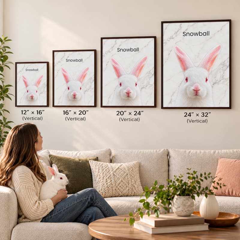 Four framed vertical wall art prints showing white rabbits on a light marble background, labeled Snowball, displayed above a sofa in a living room. The prints come in four sizes, with size labels beneath each frame.